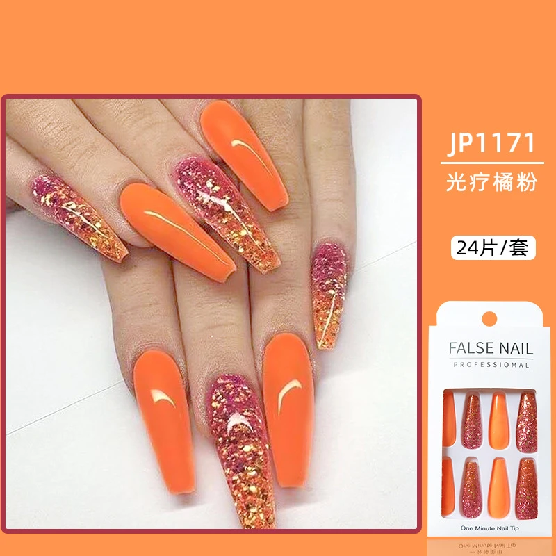 Private Label Custom Press On Nails High Quality New Fashion Orange Paillette False Nails Coffin Long Curve Artificial Nails