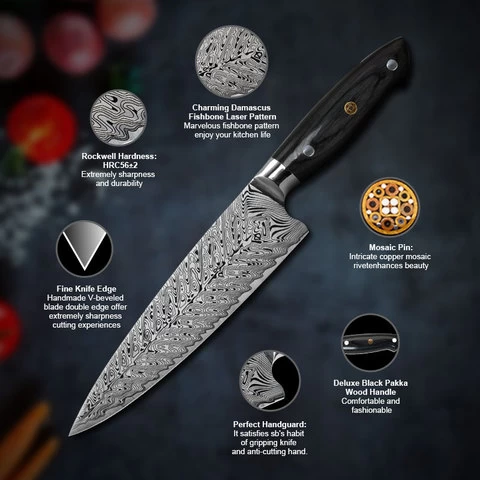 Professional OEM Kitchen Knife Production 8Inch Damascus Fishbone Pattern Laser knives sharpener