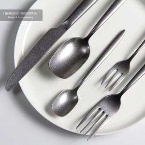 Retro imitate old stuff silvery metal stainless steel flatware set spoon fork knife wholesale  hot selling custom logl gift