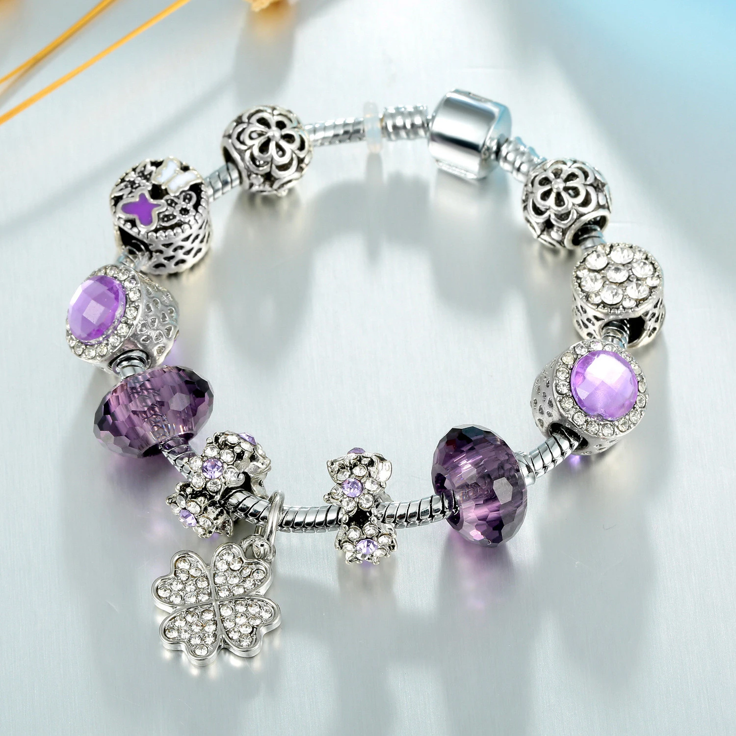 Silver Plated Snake Chain Purple Crystal Large Hole Beads Charm Bracelet Crystal Rhinestone Flower DIY Charm Bracelet