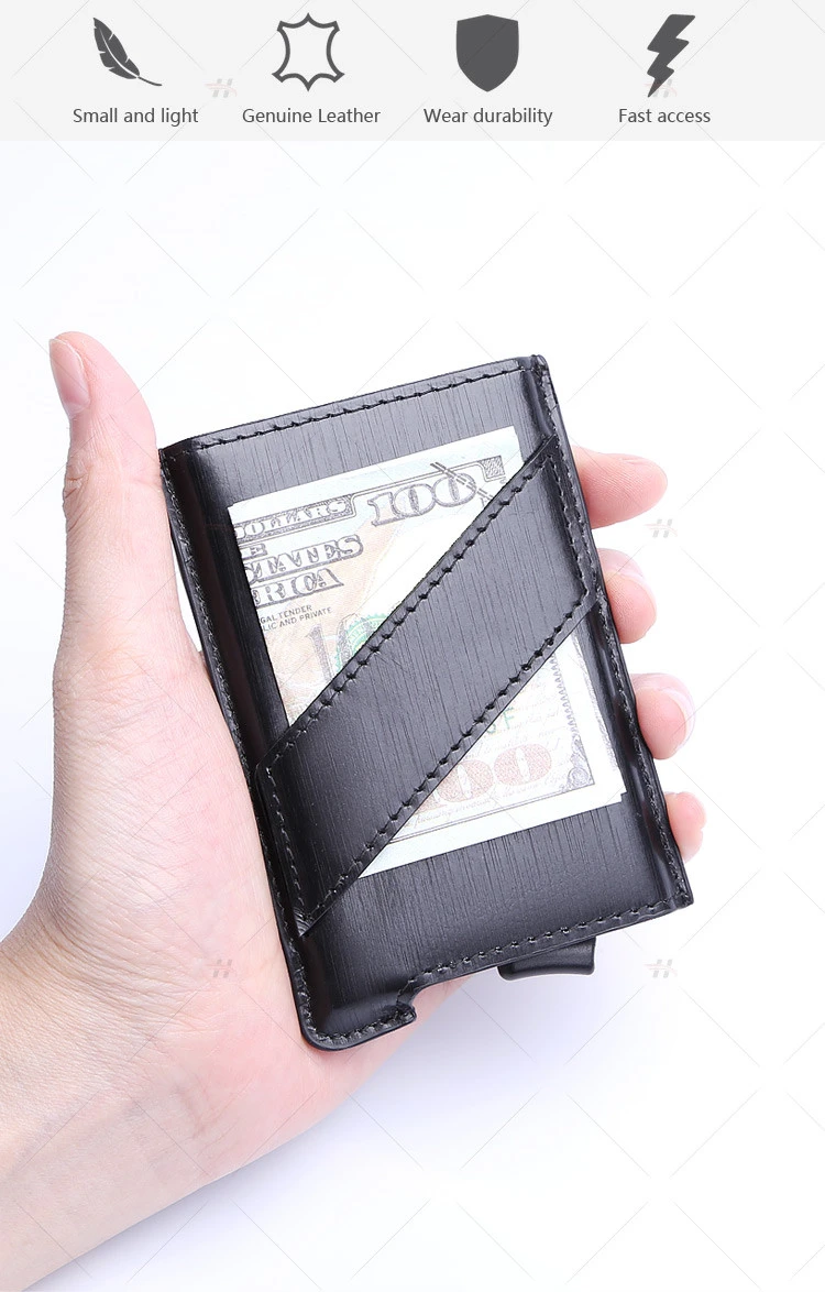 Special Design Slim Woman Men Metal Card Holder RFID Blocking Pop-up Aluminum Leather Mo Wallet