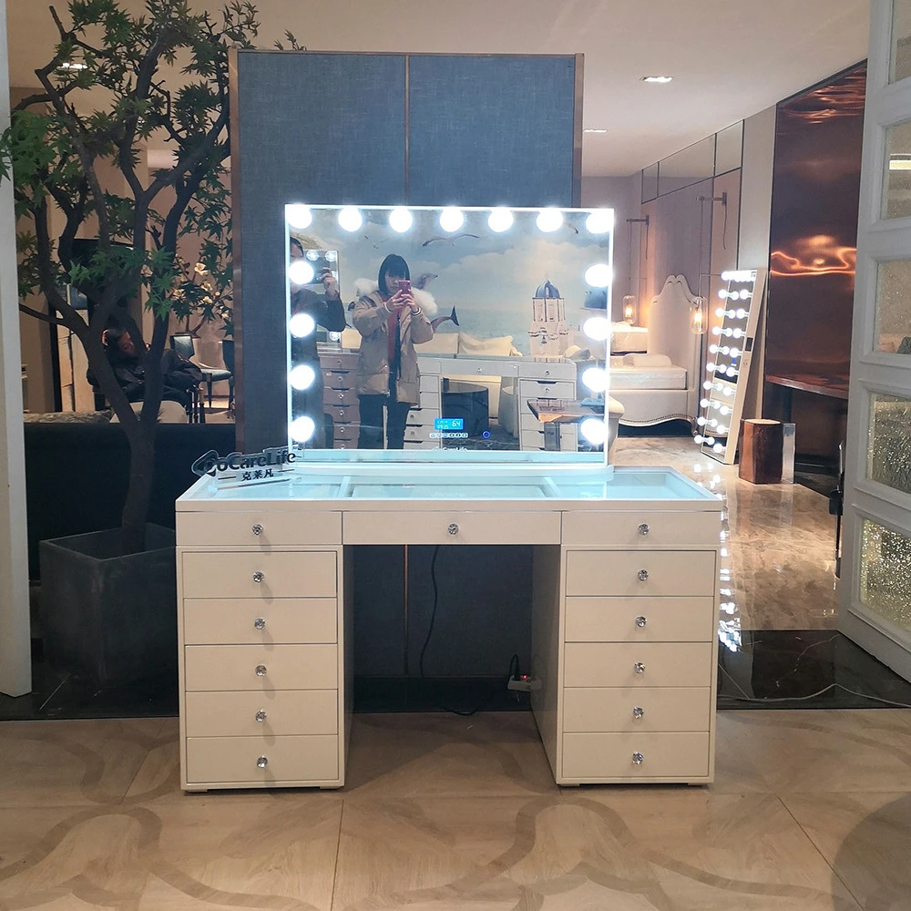 Stock on USA! Docarelife MDF Wooden Glass White 13 Drawer Dresser Makeup Vanity Table with Light Mirror