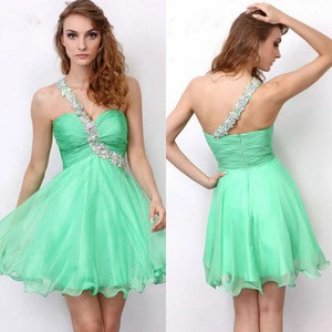 Stunning 2014 Green Beaded One-Shoulder Short A-Line Chiffon Zipper Homecoming Dress With Ruched Bodice Cheap Wholesale NB0849