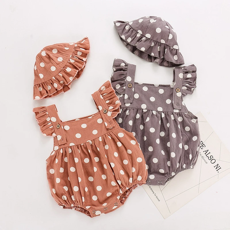 Summer Baby Clothing Flare Sleeves Polka Dot Romper and Matching Cap 2 Pieces Toddlers Jumpsuit with Hat Baby Summer Outfit
