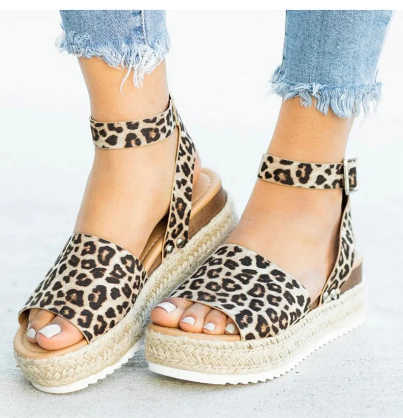 Summer Leopard Sandals High Heels Wedges PU Platform Women Sandals Buckle Strap Comfort Casual Ladies Shoes Plus Size