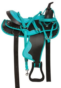 Teal Crystal Dura Leather Western Trail Saddle Tack , Leather Horse Saddle, Professional Horse Saddle