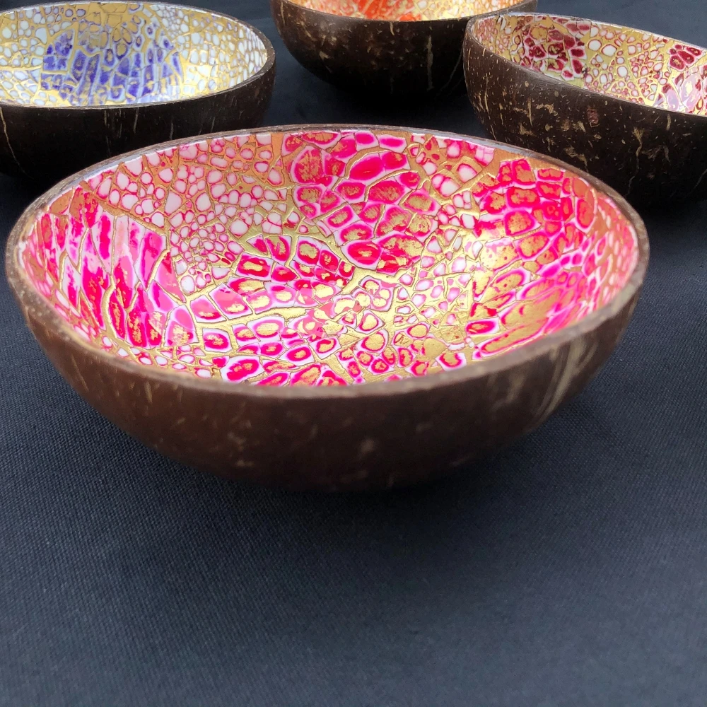 Vietnam Coconut Shell Bowl made of egg shells - Ornament Lacquered  -  Multicolored  - Hot Pink -  Dip Dye Lacquer - OEM, ODM