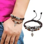 Vintage wood wrap decor wristband Leaf pendant leather beads rope Retro Punk Genuine Leather Charm Braided Bracelets Bangles