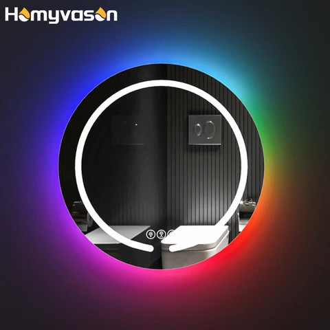 Wall Mounted Illuminated Lighted Tempered Led Mirror Hotel Bathroom Lighted Round Rgb Mirror With Rgb Backlit