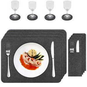 Washable Kitchen restaurant Set of felt place mats pads with Cutlery bag and cup coaster
