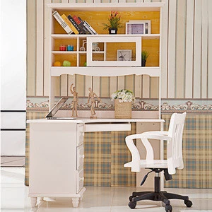 White Wooden Home Office Furniture Kid Children Computer Study Desk with Bookshelf