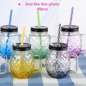 Wholesale 16oz 500ml colorful crystal diamond glass drinking cup with cap straws