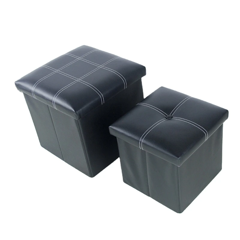 Wholesale leather square toy small storage stool pouf ottoman chair with buttons