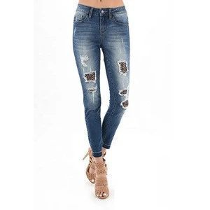 Wholesale Personalizes Fashion Leopard Print Ripped Jeans