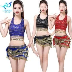 women  latin belly dance sequin bra tassel top party club wear bellydance bra belt set practice wear/training outfit