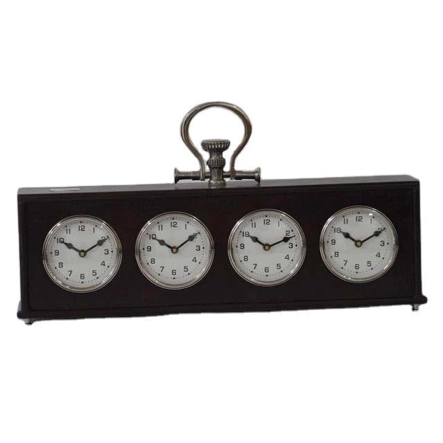 World Clock - 4 Timer Table Decor Desk Decor Wood and Metal Cherry and Nickel Customized for Home and Office Radio Wood Brown