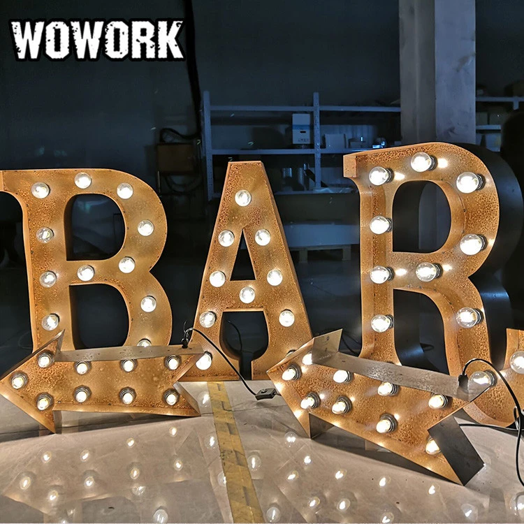 WOWORK electronic LED classical bar coffee rusty metal light up vintage marquee sign for store window display