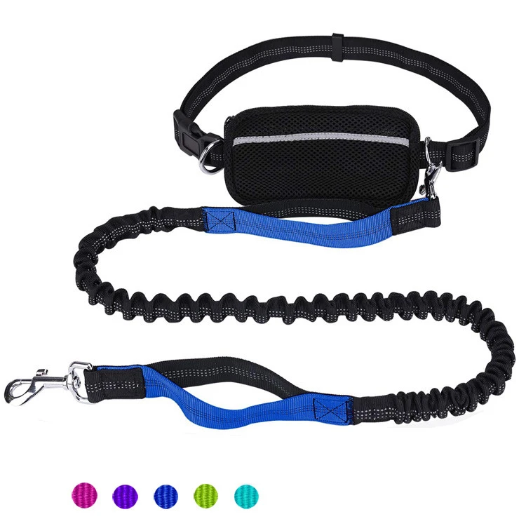 Zipper Mesh Pouch Attached Adjustable Waist Belt Reflective Nylon Hands Free Dog Leash Bungee for Running Walking Hiking
