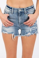 High Rise Patched Denim Shorts with Frayed Hem
