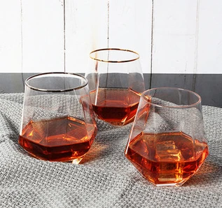 300ml Six arrises clear whisky glass hexagon whiskey wine glass cup with gold rim