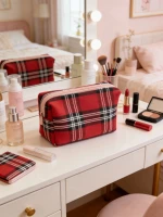 BSCI Certified Custom Red Plaid Cosmetic Bag