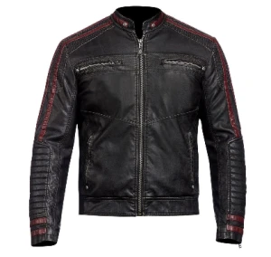 Men Black Biker Leather Jacket with Red Stripe – Slim Fit Motorcycle Jacket