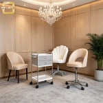 Beige PU Leather Nail Technician Chair Hollow‑Back Design Height Adjustable Swivel Base Chrome Metal Five‑star Base Rol