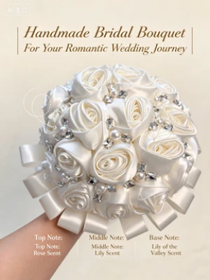 Handmade Satin Wedding Bridal Bouquet With Pearls and Rhinestone