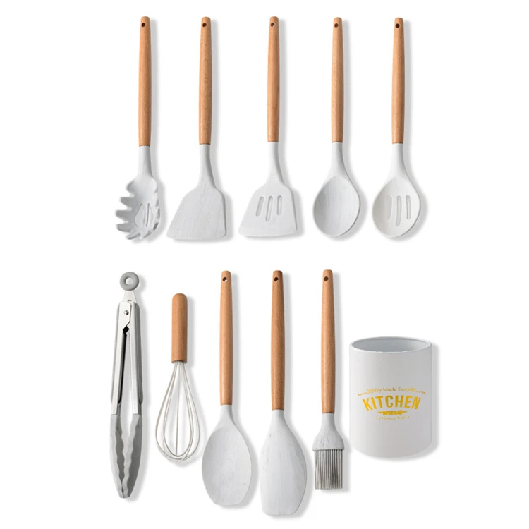 11 piece marble silicone kitchen cooking tools wood handle silicone kitchen utensil with holder