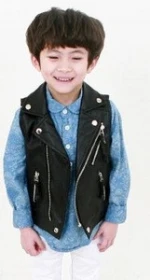 2016 Children Clothing Wholesale Rock Style Black Color Children Leather Vest Waistcoats for Boys