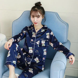 2019 Mew Comfortable Sleep Long-sleeved Silk Print Breathable Pajamas Home Clothes Pajamas Set Women