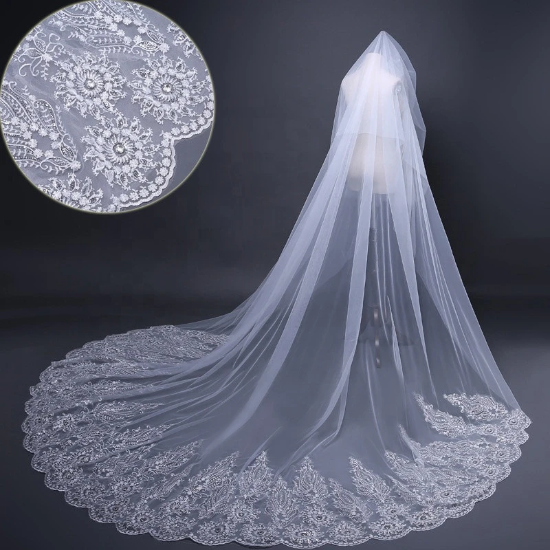 2020 In Stock 2 Layer Lace Hem Bridal Accessory 3M Ivory Wedding Veil with Crystal