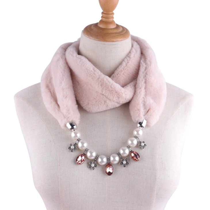 2021 European and American Faux Fur Alloy Necklace Neck Scarf Pendant Jewelry Winter Thicker Warmer Collar Scarf