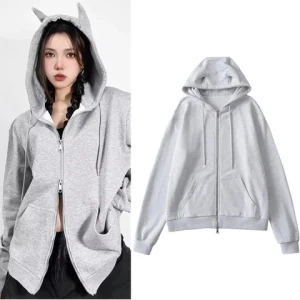 2023 autumn sweet cool little devil ears hoodie lazy big version loose women cardigan coat