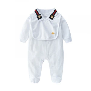 2pcs 100% cotton roupas infantil plain white infant wear baby footie with bib