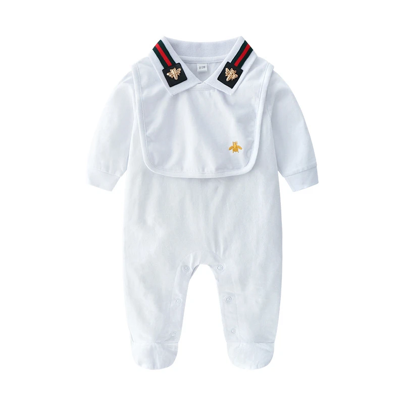 2pcs 100% cotton roupas infantil plain white infant wear baby footie with bib