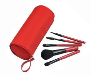 5PCS Trave Makeup Brush Set Bright Red Wooden Handle