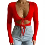autumn womens fashion deep v neck tie lace up cut out fitted  club wear basic top