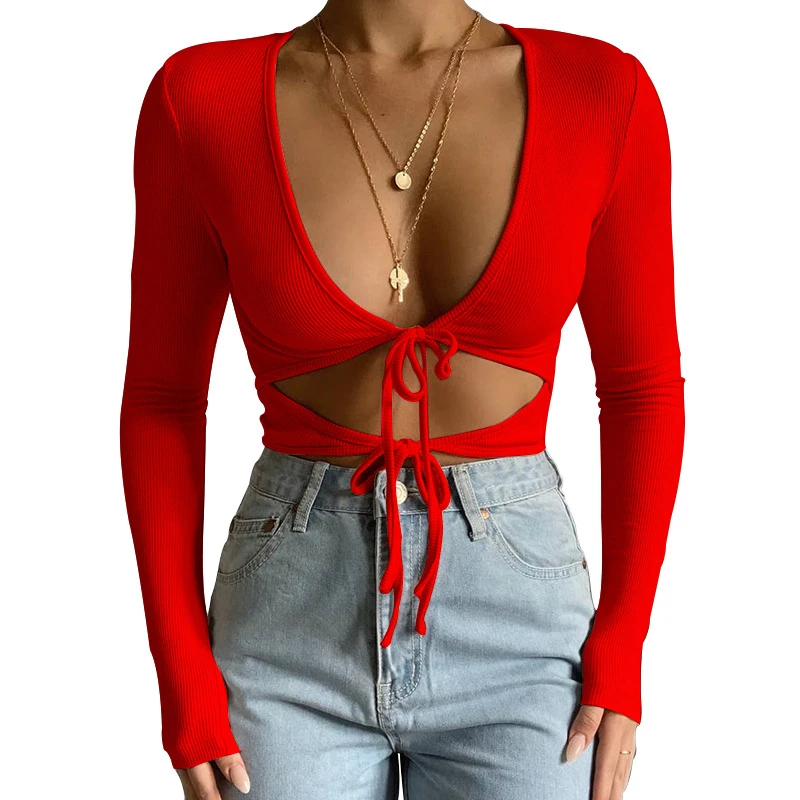 Autumn Womens Fashion Deep V neck Tie Lace Up Cut Out Fitted Sexy Club Wear Basic Top