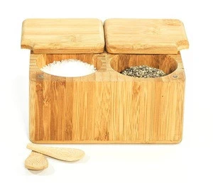Bamboo Salt &amp; Pepper Spice Box - 100% Organic Wood - Environmentally Friendly - 2 Part Pot for Herbs and Spices -