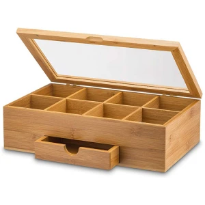 Bamboo Tea Box With Drawer For Loose Tea (8 Compartments) Large Wooden Storage Organizer Chest