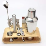 barware tool gift set Metal stainless steel cocktail shaker set with wood stand