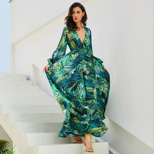 Boho Long Sleeve Dress Green Tropical Beach Vintage Maxi Dresses V Neck Belt Lace Up Plus Size Dress