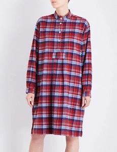 Buttoned collar plaid long brushed-cotton nightshirt hotsale women pajamas