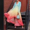 Casual Chiffon  Candy Color Gradient Black Women Summer Dresses Maxi Elegant Long Sleeve