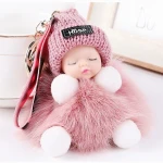 Cheap pink natural fox fur ball keychains with fur ball