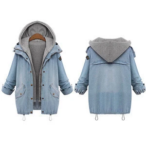 Cheap Plus size drawstring twinest hooded outwear denim coat for women
