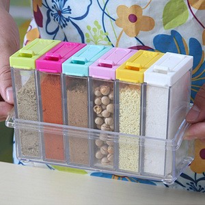 Chef Set of 6 Spice Shaker Jars Seasoning Box Condiment Jar Storage Container with Tray for Salt Sugar Cruet Pepper Colorful