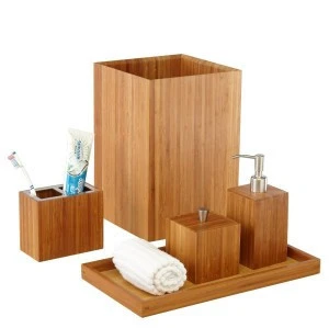 China manufacture 5pcs bamboo bath and vanity luxury hotel bathroom accessories set with toothbrush lotion holder trash can