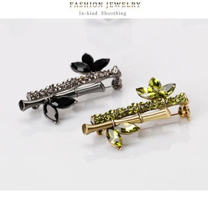 Chinese Bamboo Brooch Pin Green Crystal Gold Alloy Broach Rhinestone Plant Hijab Pin wholesale wedding brooch for women